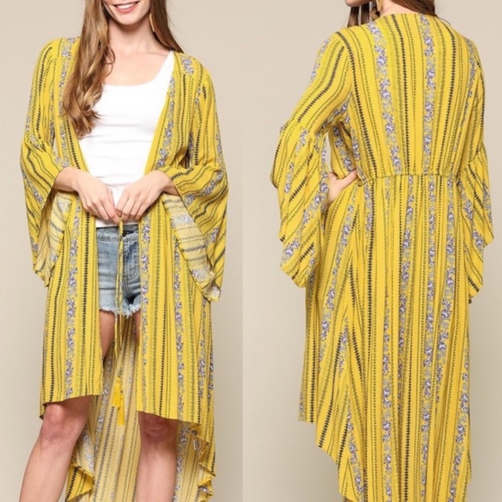 Gigio Printed Bell Sleeve Dress Duster Bell Sleeve Honey Yellow Cardigan CoverUp